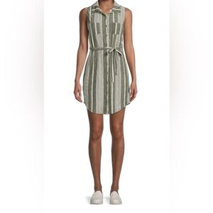 No Boundaries Olive Green and White Striped Button-Up Dress